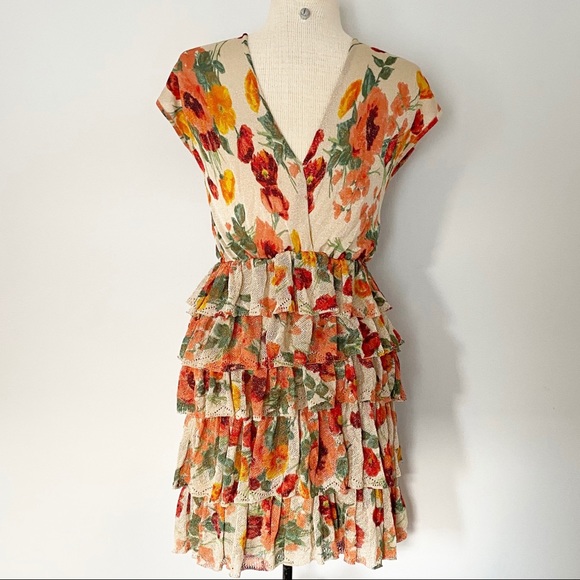 Escada Shimmer Poppy Floral Tiered Ruffle Dress V Neck Stretch - Picture 5 of 12